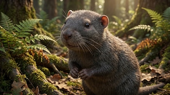 Una nutria de pelaje gris y marrón oscuro se alza en un bosque con musgo y helechos. Su rostro es visible de cerca, con ojos oscuros y bigotes largos.