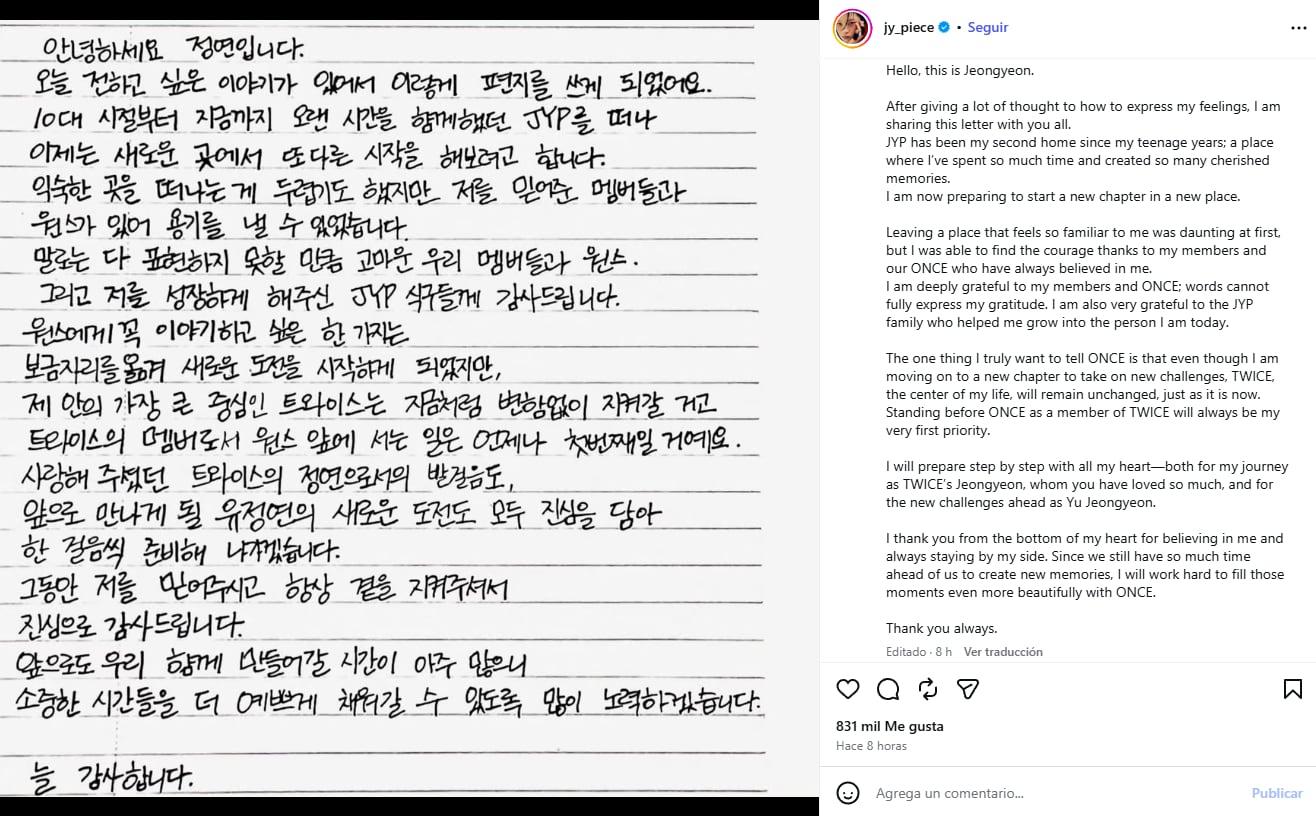 La integrante del grupo de K-Pop comunicó la decisión con una carta manuscrita, donde atribuyó a sus compañeras y a Once el impulso para dejar JYP Entertainment (Instagram/@jy_piece)