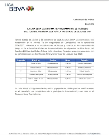 Comunicado de prensa oficial de la Liga BBVA MX con el logotipo de la institución y una tabla con fechas, horarios y estadios reprogramados