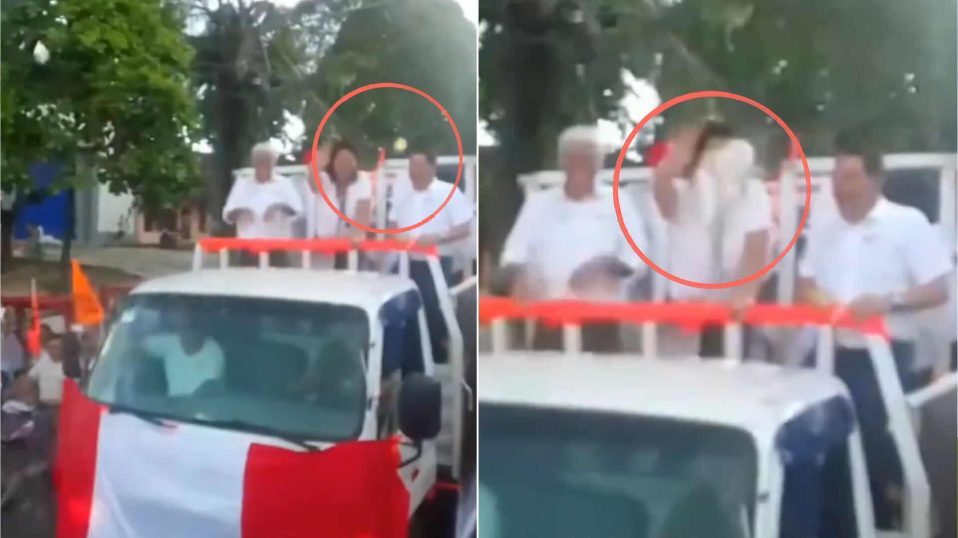 Keiko Fujimori sufre el impacto de un globo con agua durante una caravana política en Iquitos, en pleno contexto electoral peruano.