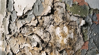 Primer plano de una pared con pintura descascarada y agrietada sobre yeso poroso con manchas oscuras y decoloración.