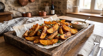 Bandeja de madera con gajos de patata asados, hierbas y sal. Un tazón de salsa con cuchara. Fondo de cocina rústica, pared de piedra y utensilios de cobre