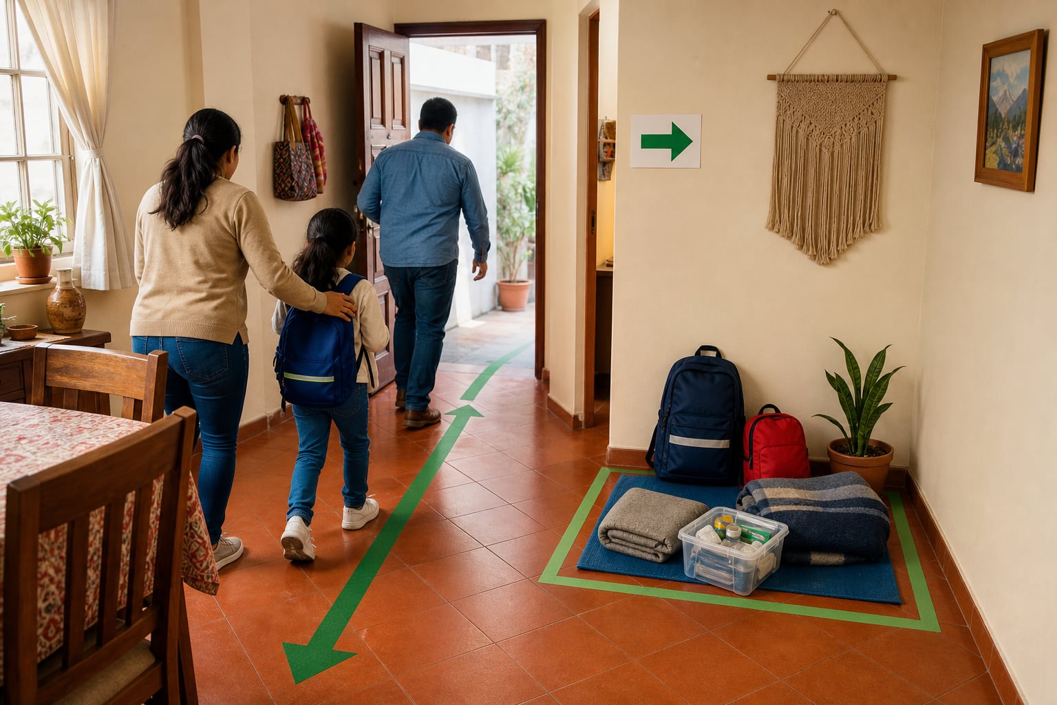 Una familia evacúa una vivienda en Perú por una ruta señalizada durante un simulacro de prevención ante sismos. (Imagen Ilustrativa Infobae)