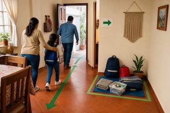 Una familia camina hacia una puerta abierta por un pasillo con flechas verdes junto a un área con mochilas de emergencia y mantas.