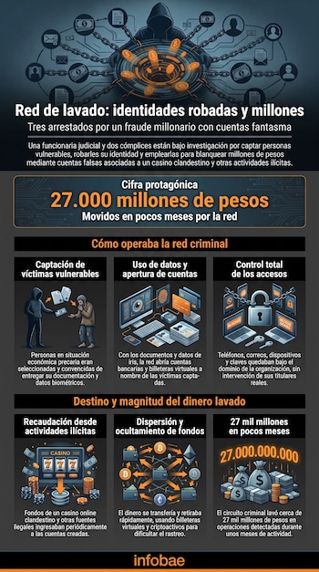 Infografía con figura encapuchada, cadenas digitales, iconos de personas, documentos, dinero, criptomonedas y texto sobre lavado de dinero de 27.000 millones de pesos.
