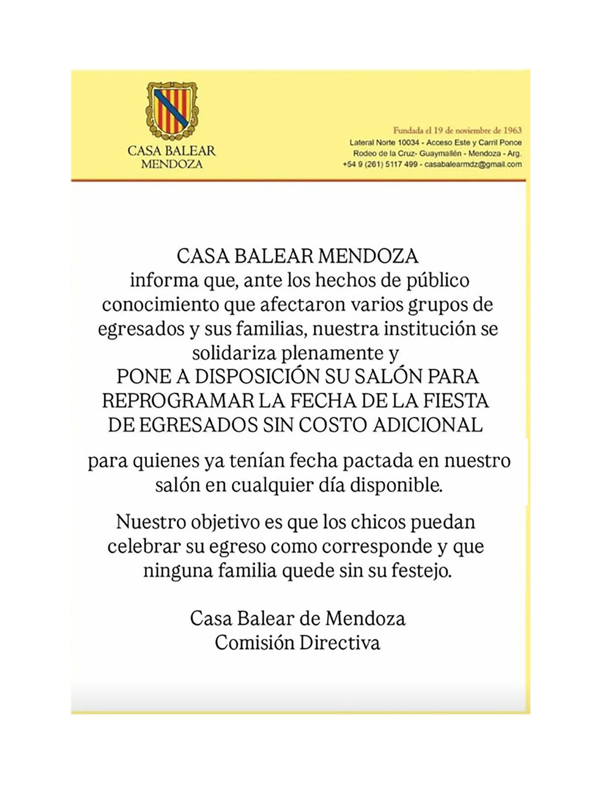 El comunicado de uno de los salones donde se debía concretar la fiesta de engresados