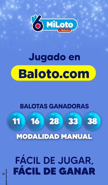 La combinación ganadora de MiLoto fue 11, 16, 28, 33 y 38 en el sorteo 554 - crédito Baloto