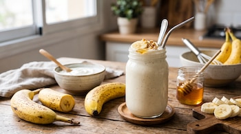 Frasco con licuado de banana, cuchara y pajilla de metal, rodeado de bananas, rodajas de fruta, un cuenco de yogur y un frasco de miel sobre madera.