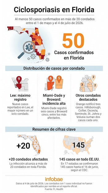 Infografía: mapa de calor de Florida con casos de ciclosporiasis por condado, cifras destacadas de Florida y Estados Unidos, logo de Infobae y fuente FL Health.