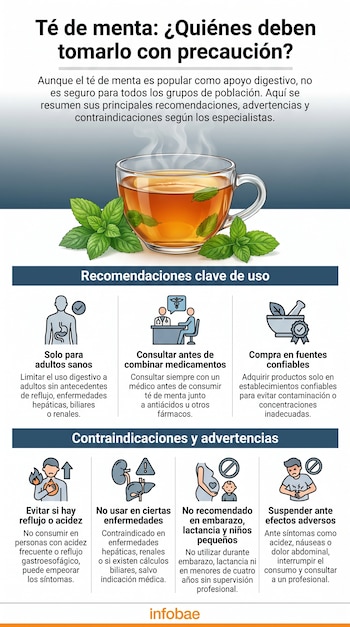 Infografía con una taza de té de menta, hojas frescas, el título y texto con recomendaciones, contraindicaciones e iconos ilustrativos.