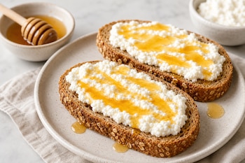 Dos rebanadas de pan integral tostado con queso ricotta blanco y miel sobre un plato de cerámica, junto a recipientes con miel y queso.