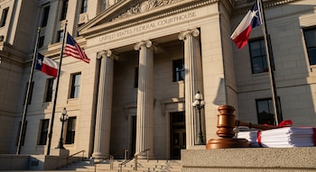 Vista frontal de un tribunal federal en Estados Unidos, con columnas clásicas, la bandera de Texas y la de EE. UU. ondeando, un mazo y documentos legales.