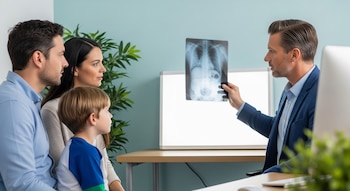 Un médico muestra una radiografía a un hombre, una mujer y un niño sentados frente a él en una consulta médica.