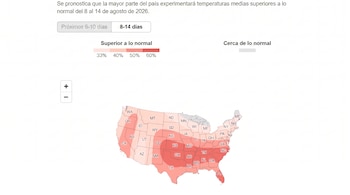Mapa de Estados Unidos con leyenda de colores para temperaturas superiores a lo normal (33%-60%), y pronóstico del 8 al 14 de agosto de 2026.