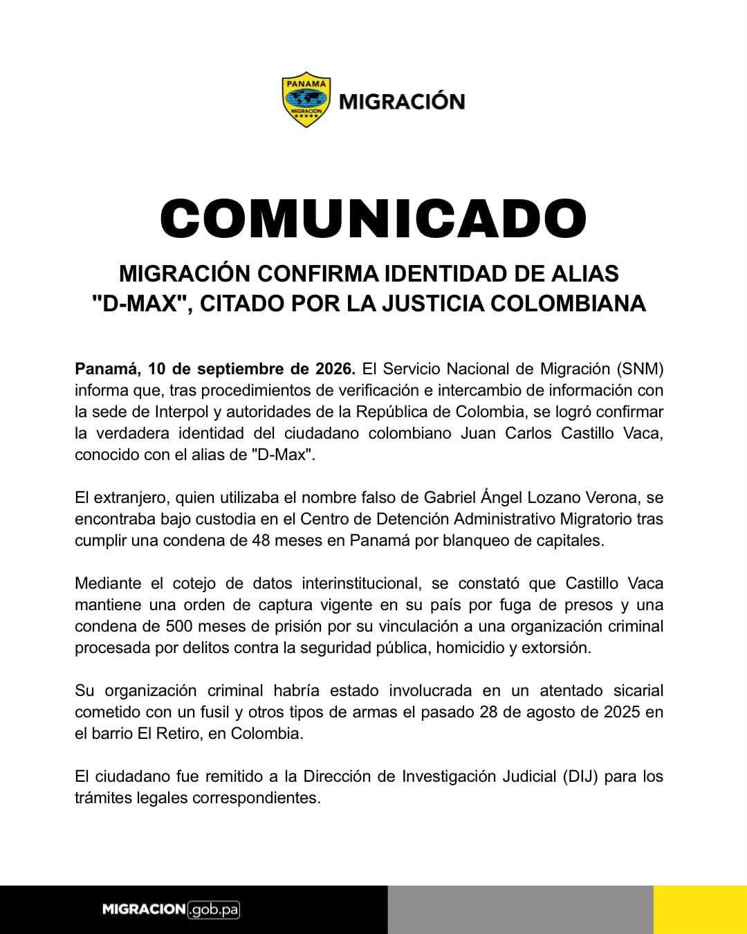 Panamá: Prófugo colombiano es identificado tras cumplir pena con nombre falso (Foto cortesía SNM)