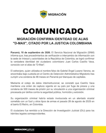 Panamá: Prófugo colombiano es identificado tras cumplir pena con nombre falso (Foto cortesía SNM)