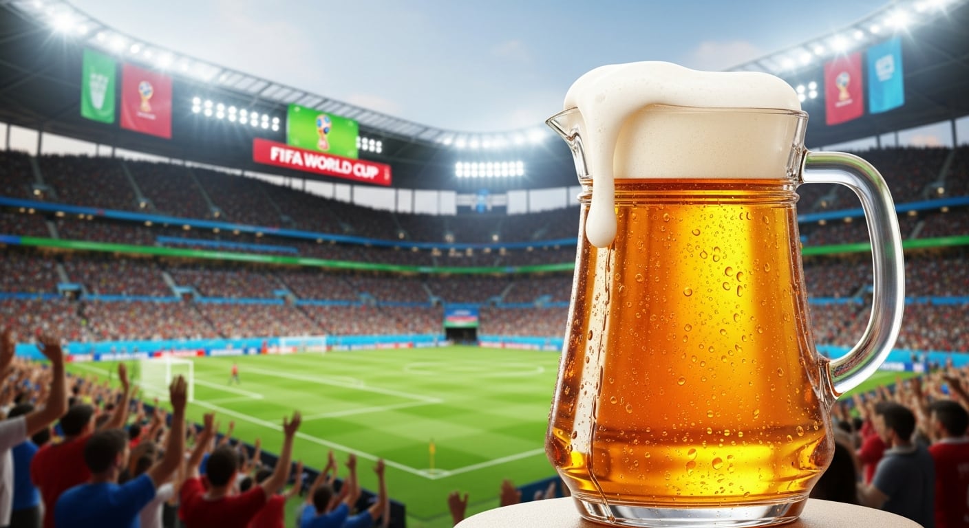 Una jarra de cerveza espumosa y fría se destaca en primer plano frente a un estadio de fútbol lleno de aficionados celebrando un partido del Mundial de la FIFA. (Imagen Ilustrativa Infobae)