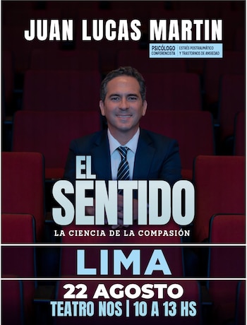 Cartel promocional con el retrato de Juan Lucas Martín sentado en un teatro con asientos rojos y texto informativo sobre su evento en Lima