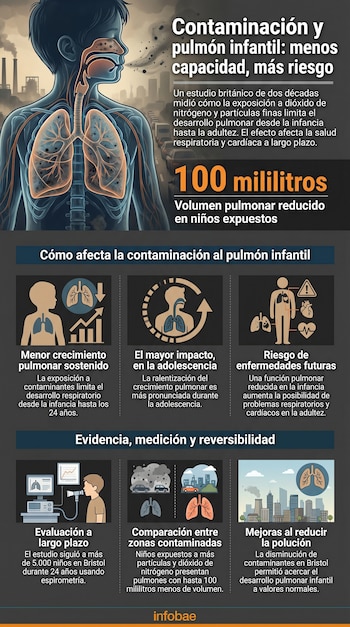 Infografía de un niño con el sistema respiratorio transparente mostrando pulmones afectados por partículas de contaminación de fábricas y coches en una ciudad.