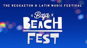 Fondo azul con el texto en blanco "THE REGGAETON & LATIN MUSIC FESTIVAL" arriba, y "Baja BEACH FEST" en el centro con un efecto bokeh de luces de colores.