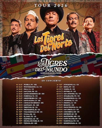 Póster promocional de Los Tigres del Norte para su gira 2026. Muestra a los cinco miembros de la banda, el logo del grupo y una lista de fechas y lugares de conciertos