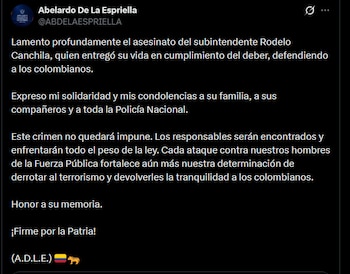 Abelardo de la Espriella también se refirió al atentado en San Roque, Cesar, y dijo que el asesinato del subintendente Rodelo Canchila no quedará impune - crédito @ABDELAESPRIELLA/X