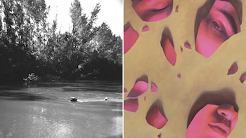 Díptico. Izquierda: foto B&N de persona nadando en río con árboles. Derecha: pintura abstracta de fragmentos faciales rosados sobre fondo beige