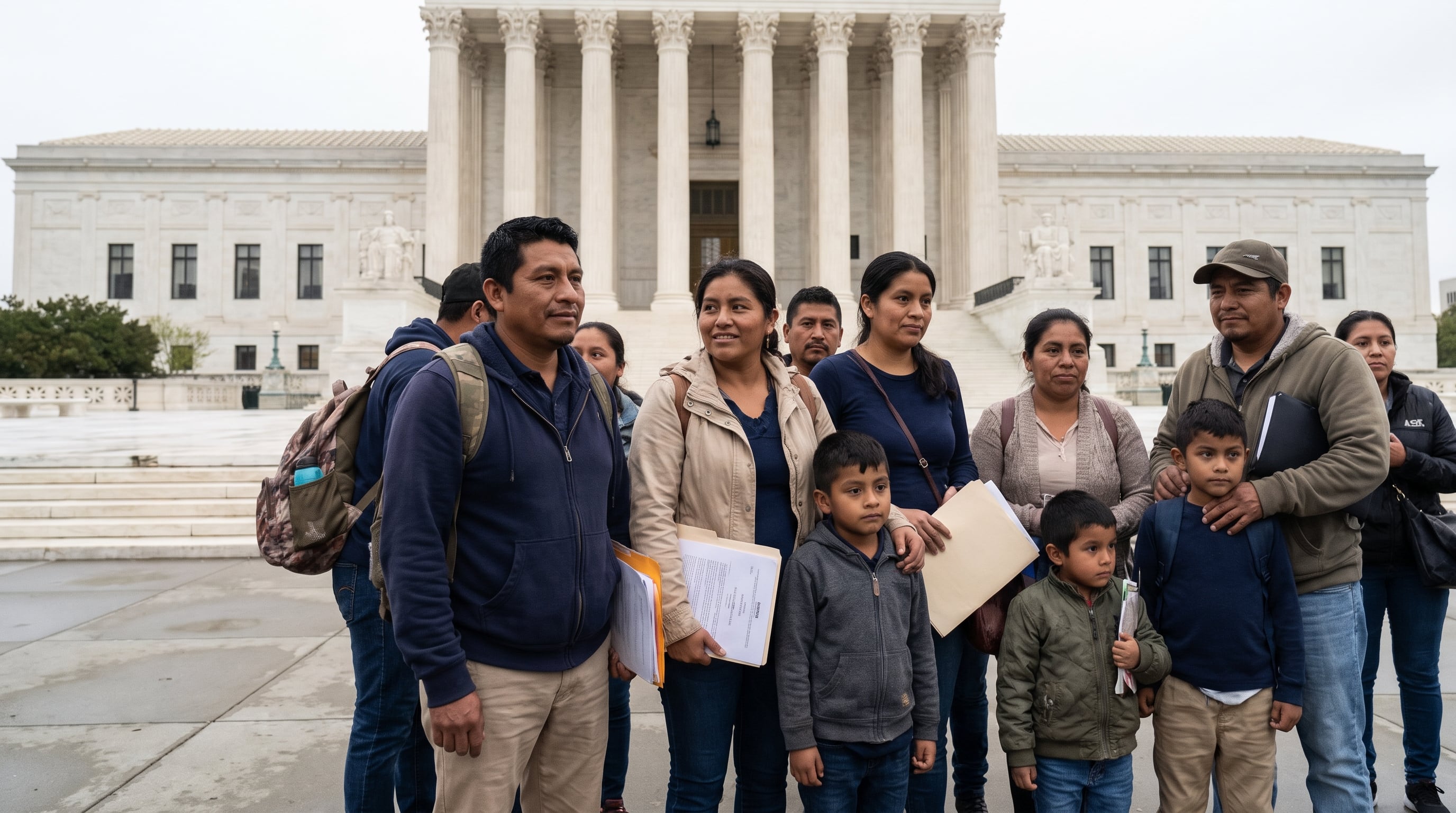 Varias familias migrantes, incluyendo adultos y niños, permanecen de pie frente al edificio de la Corte Suprema de Estados Unidos en una escena de esperanza. (Imagen Ilustrativa Infobae)