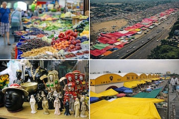 Collage de cuatro imágenes: mercado de frutas y verduras, mercado aéreo con toldos de colores, figuras religiosas, y mercado exterior con toldos amarillos.