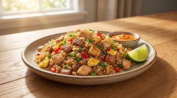 Plano cercano de arroz chafua peruano con pollo, pimiento, cebolla verde y huevo, acompañado de lima y salsa naranja, sobre una mesa de madera clara.