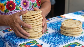 Manos de persona adulta sostienen una pila de tortillas de maíz. Otra pila de tortillas está sobre un mantel blanco con estampado azul y figuras. Blusa bordada.