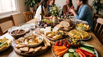 Mesa con hummus, pan de pita, quesos, empanadas, tortilla, aceitunas, verduras cortadas y frutas, con cuatro personas al fondo.