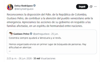 Delcy Rodríguez agradeció la ayuda brindada por Colombia para atender la emergencia en Venezuela - crédito @delcyrodriguezv/X