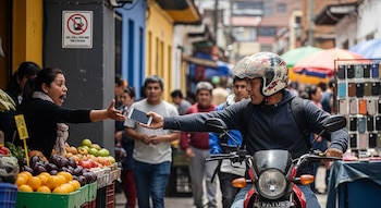 Un hombre en motocicleta extiende su brazo para tomar un teléfono móvil de la mano de una mujer que grita, mientras están en una calle concurrida con puestos de frutas.