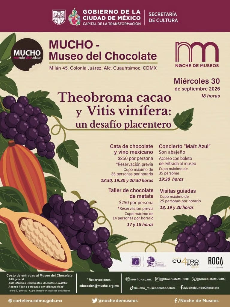 Un cartel promocional del Museo del Chocolate de la Ciudad de México anuncia actividades de degustación de cacao y vino para la Noche de Museos. (MUCHO/Redes sociales )
