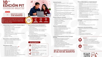 Infografía UNI. Dos personas con laptop. Titular: '10ma Edición PIT Cursos Gratis'. Iconos: 80 cursos, virtual, IA, certificado. Texto con detalles de cursos, fechas y QR