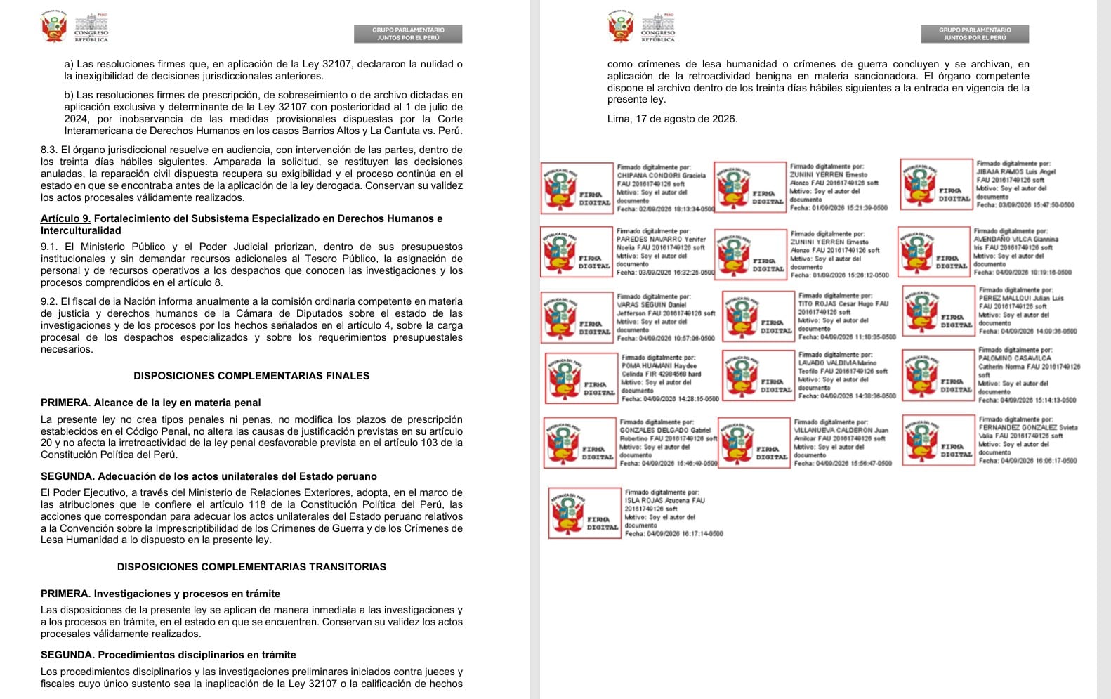 Juntos por el Perú presenta proyecto para derogar la Ley 32107 sobre crímenes de lesa humanidad