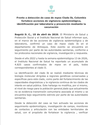 El Ministerio de Salud y el INS implementan protocolos de seguimiento, investigación de campo y rastreo de contactos para evitar la transmisión del mpox clado Ib - crédito Ministerio de Salud
