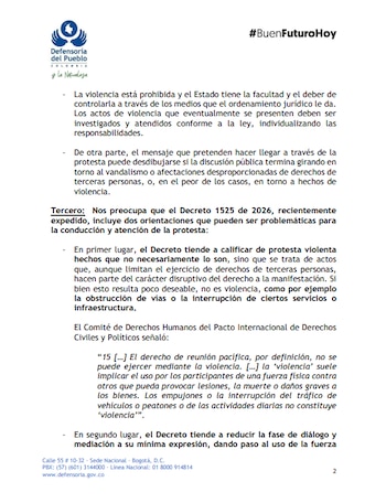 Un documento oficial con el logotipo de la Defensoría del Pueblo de Colombia que contiene párrafos de texto impreso
