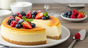Pastel de yogur griego con una porción cortada, decorado con fresas, arándanos, frambuesas y moras sobre una mesa de madera.
