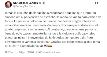 El funcionario estadounidense indicó que estos comportamientos no son aceptados en su país - crédito @DeputySecState/X