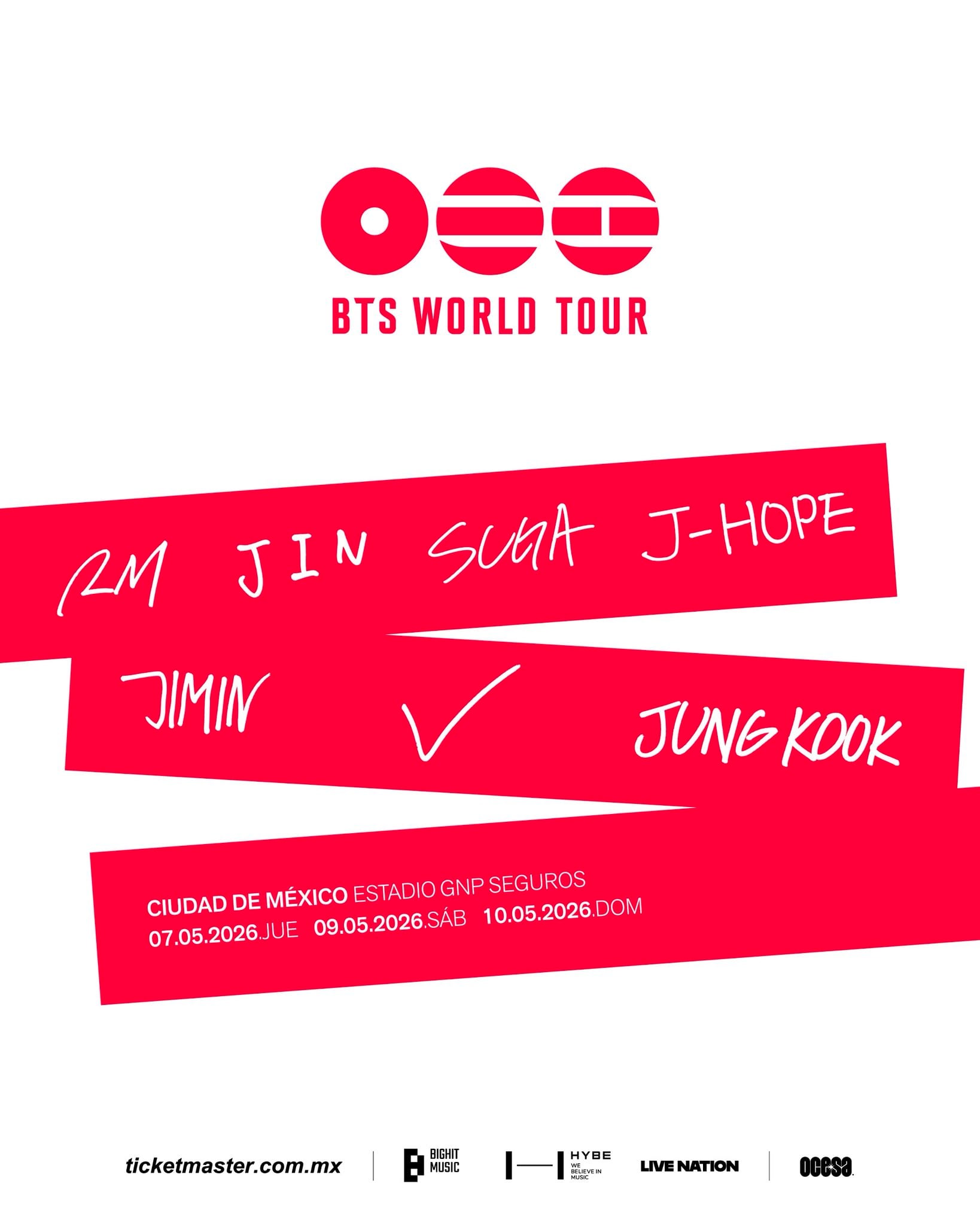 BTS confirma tres conciertos en el Estadio GNP Seguros de la Ciudad de México como parte de su gira mundial en mayo de 2026. (@ocesa_kpop)