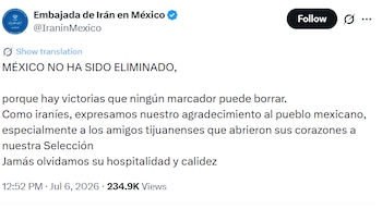 Captura de pantalla de un tuit de la cuenta verificada Embajada de Irán en México con un mensaje de agradecimiento a Tijuana por la hospitalidad