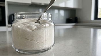 Un tarro de vidrio transparente lleno de azúcar granulada blanca, con una cuchara de metal plateada dentro, sobre una mesada de cocina clara.
