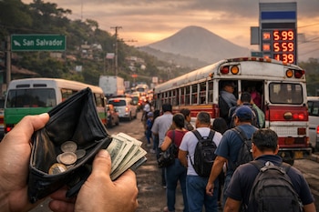 Primer plano de manos sosteniendo una cartera con algunos billetes y monedas. Al fondo, personas haciendo fila para un autobús en una calle con tráfico al atardecer en El Salvador.