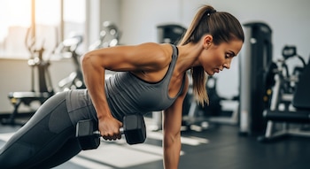 Mujer con camiseta y leggings grises, cabello recogido, realiza remo con mancuerna negra en un gimnasio iluminado por la luz del sol.