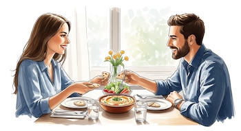 Ilustración de una pareja sonriente compartiendo un tazón de hummus con pan pita y verduras frescas en una mesa. La escena es luminosa con una ventana al fondo.