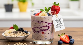 Un vaso de batido de avena con fresas, arándanos y plátano, junto a un bol con avena, semillas de chía y más frutas en una mesa de madera.