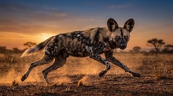 Un perro salvaje africano de pelaje moteado corre sobre la tierra seca levantando polvo con el cielo del atardecer de fondo.
