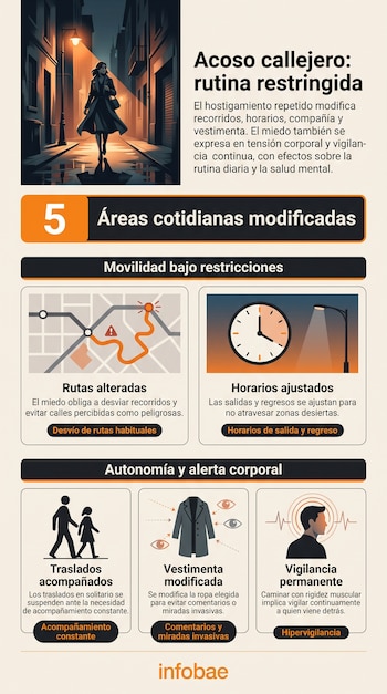 Infografía con una ilustración nocturna superior y cinco recuadros con iconos sobre rutas, horarios, compañía, vestimenta y vigilancia.